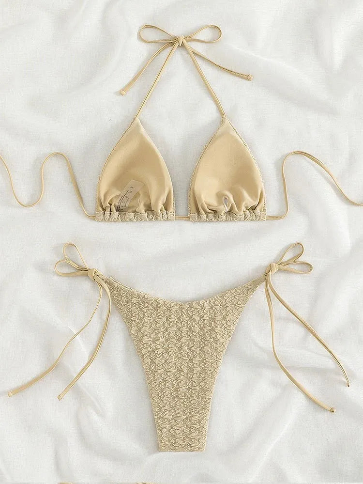 Women's high waist bikini swimsuit with lace-up detail in black, blue, khaki, or pink colours