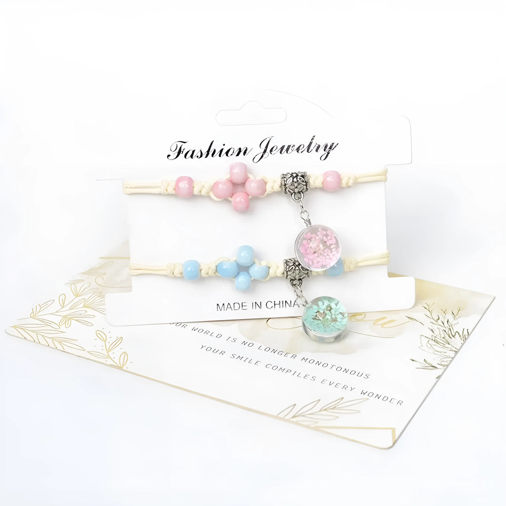 Glass dried flower bracelet with hand-woven lace and 1.4cm beads in multiple colour options