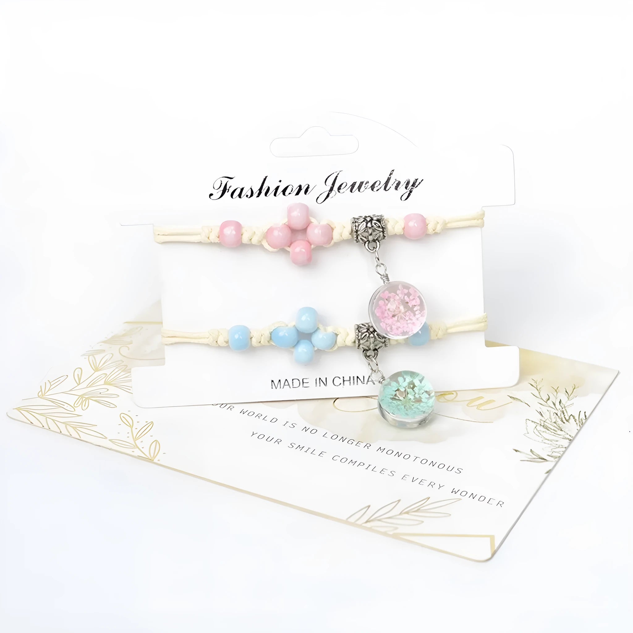 Glass dried flower bracelet with hand-woven lace and 1.4cm beads in multiple colour options