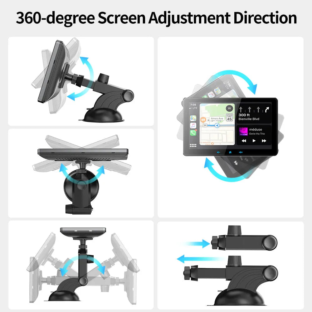 7-inch wireless CarPlay car display with suction cup mount on a dashboard