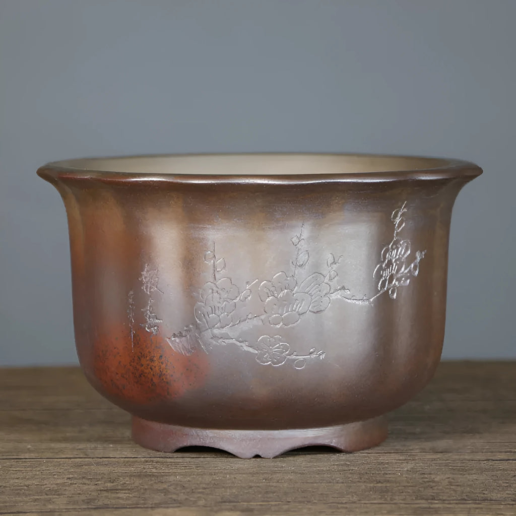Antique carved purple sand ceramic flower pot for indoor bonsai in classical style