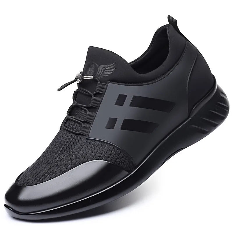 Men's black casual height increasing shoes in leather, Lycra or mesh with a chunky rubber sole