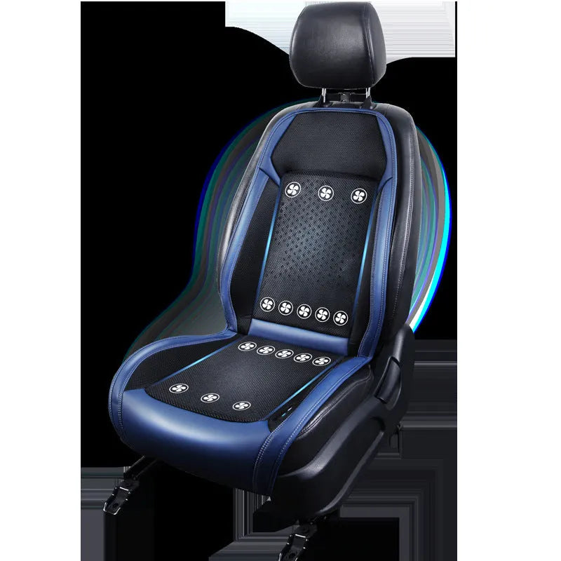 Single-seat car cooling pad with minimalist solid-colour design, shown in blue and black options.