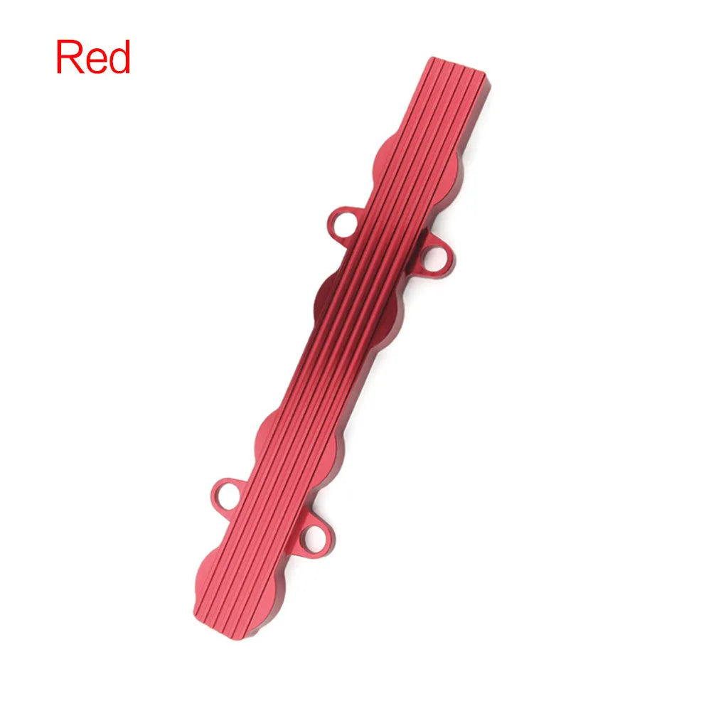 Aluminium alloy engine harness housing bracket in blue, red, and silver, showing versions with and without mounting holes.