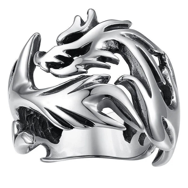 Adjustable Chinese dragon pattern ring with antique silver blue and green electroplated finish