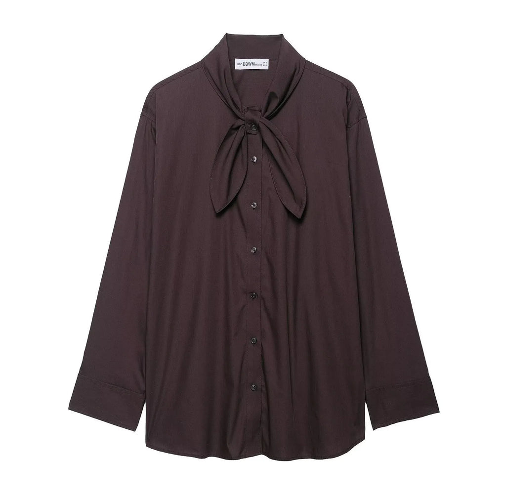 Brown women's poplin shirt with built-in scarf and bow tie detail, loose fit design
