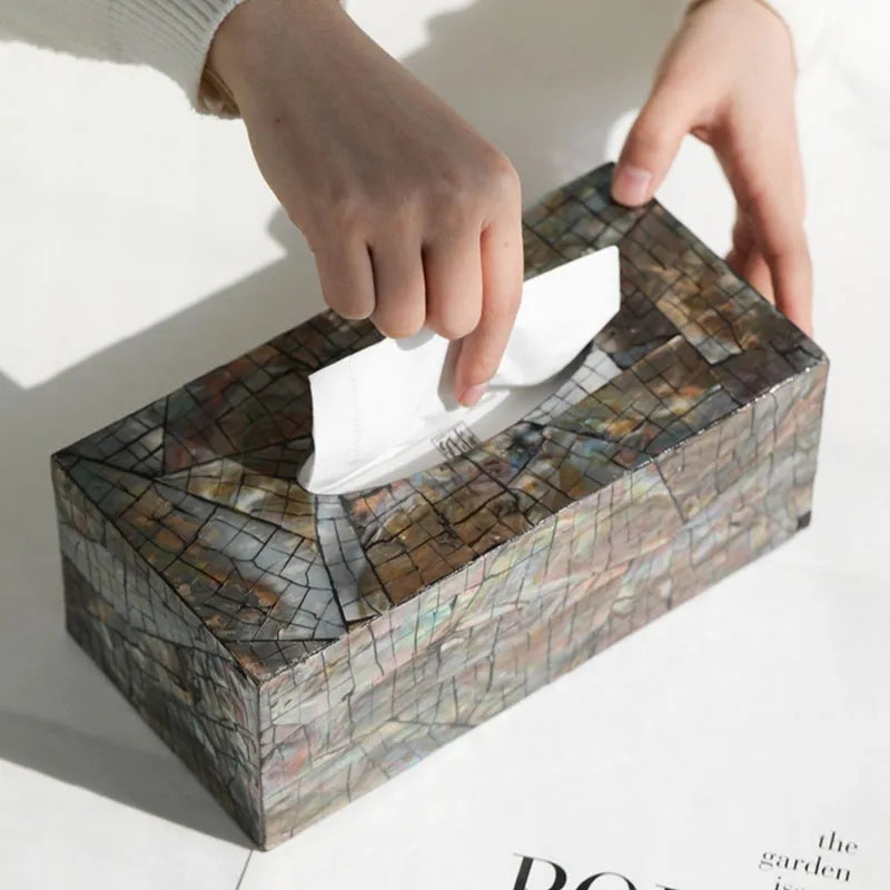 Natural shell tissue box with removable organiser in black rectangular and square designs
