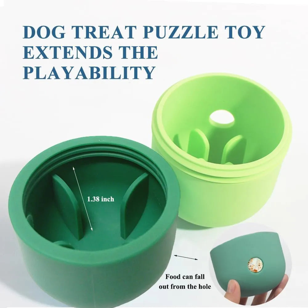 Colourful silicone dog treat puzzle ball shown in blue, green, and yellow, next to dog treats.