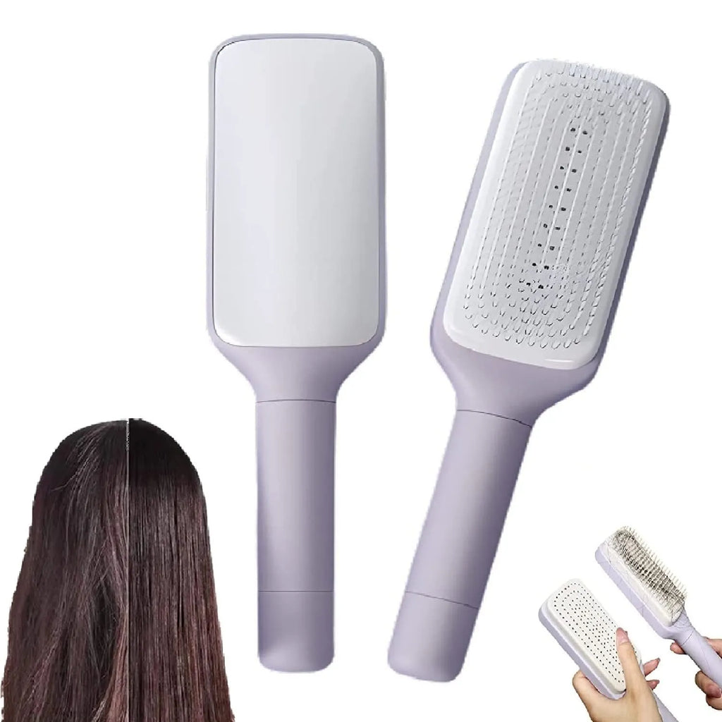 Roland purple self-cleaning hair brush with rotating handle and anti-static massage bristles.