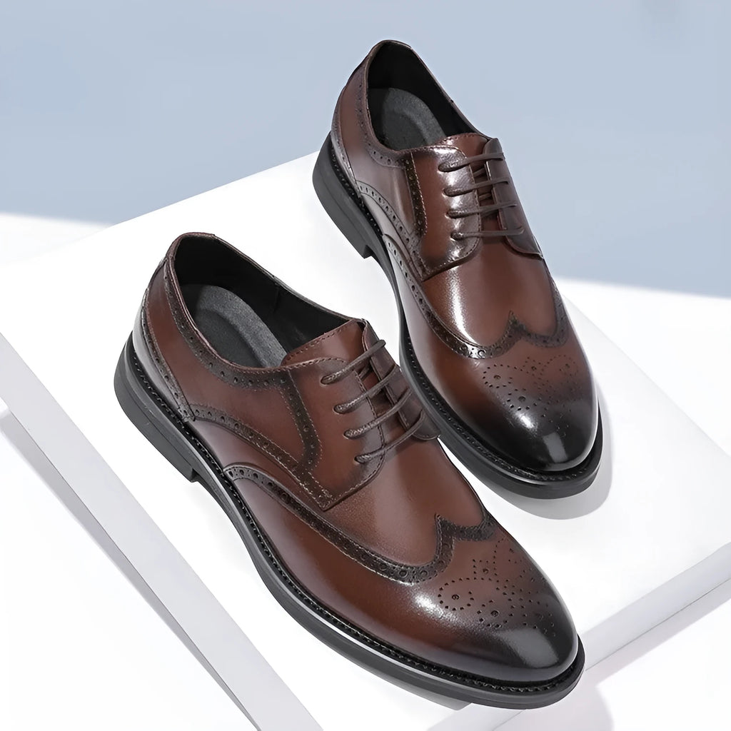 Men's black and brown business brogue leather shoes with traditional wingtip design