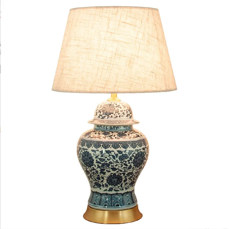Blue and white Chinese porcelain table lamp with ceramic construction and copper fittings