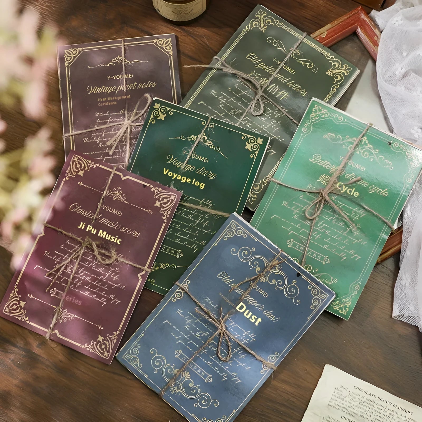 Retro literary notebook with classical letters in A5 size showing six vintage colour options