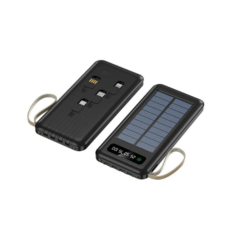 Solar power bank in black or white with solar panel, showing 20000mA or 30000mA capacity.
