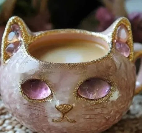Synthetic resin geode mug with crystal pattern inside and cat design outside, shown in purple colour.