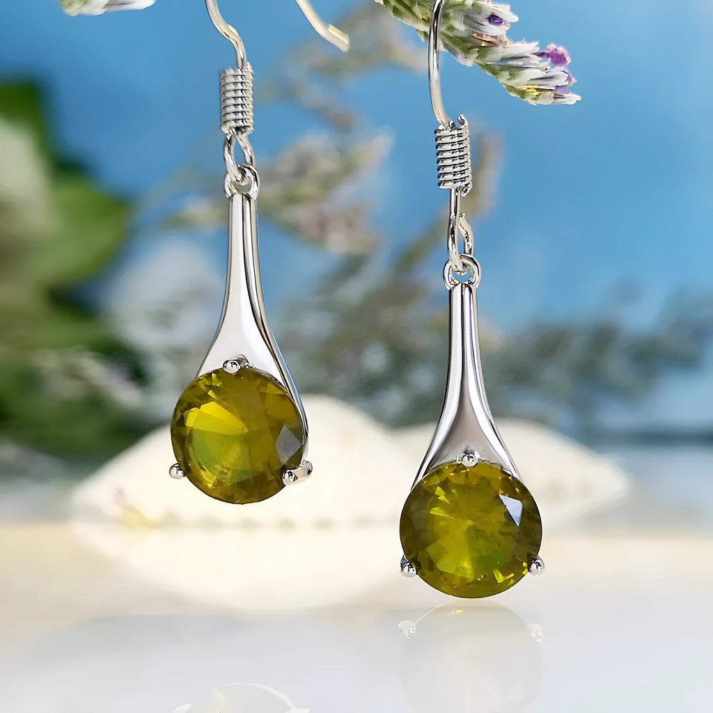 Olive green topaz colour drop earrings with water drop shape and electroplated finish
