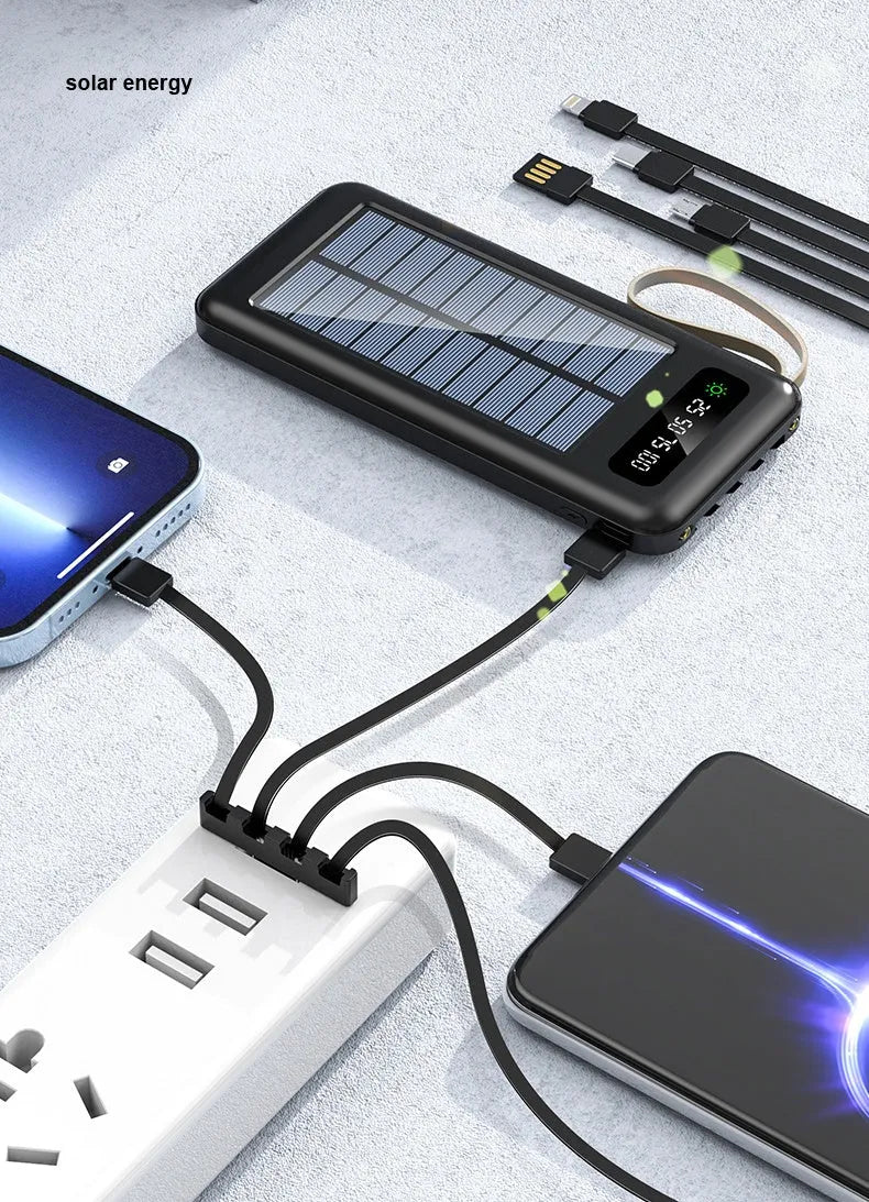 Solar power bank in black or white with solar panel, showing 20000mA or 30000mA capacity.