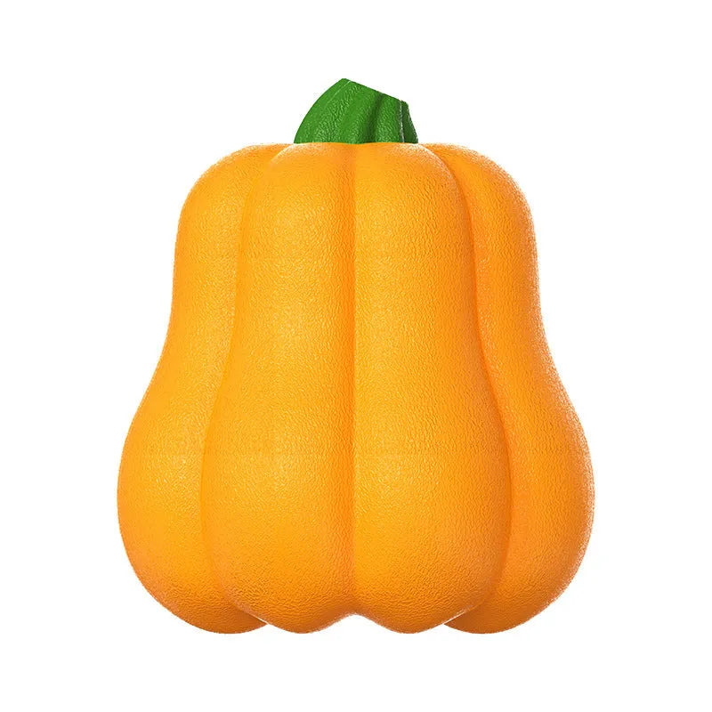 Pumpkin coloured plastic dog chew toy with an attached rope for tugging and fetching.