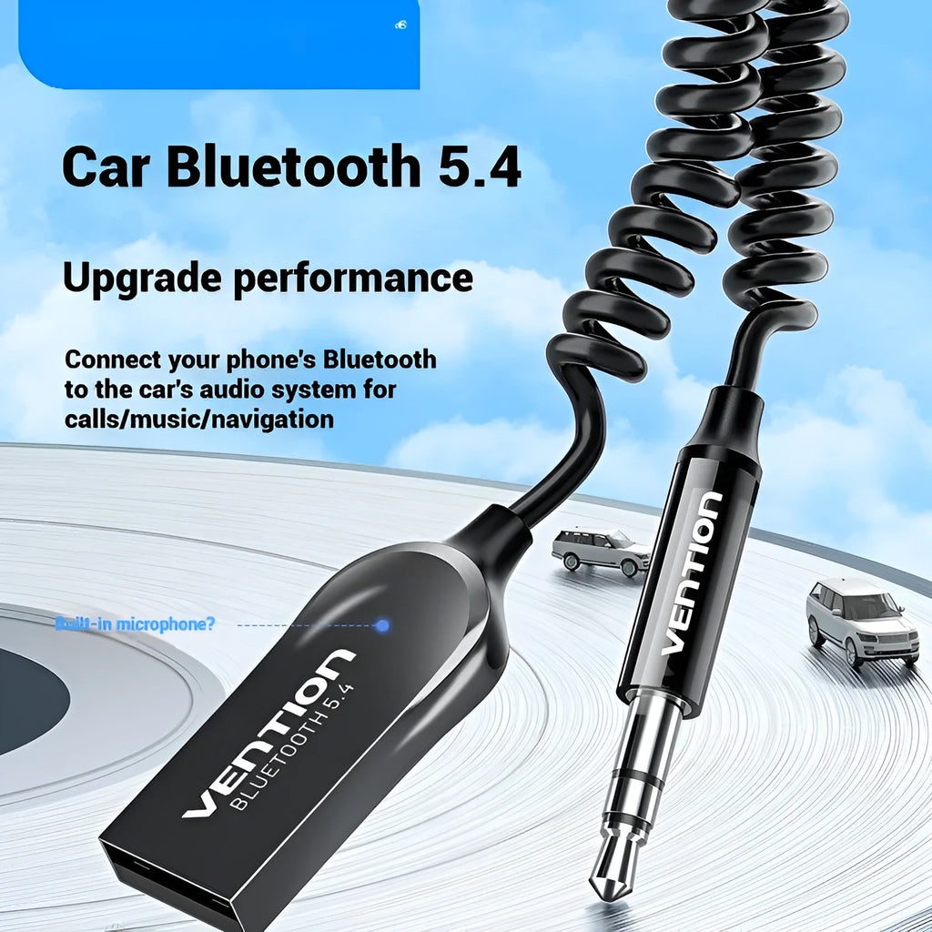 USB car Bluetooth 5.4 audio receiver with black PU-sheathed cable, zinc alloy USB-A connector, and copper 3.5mm AUX jack.