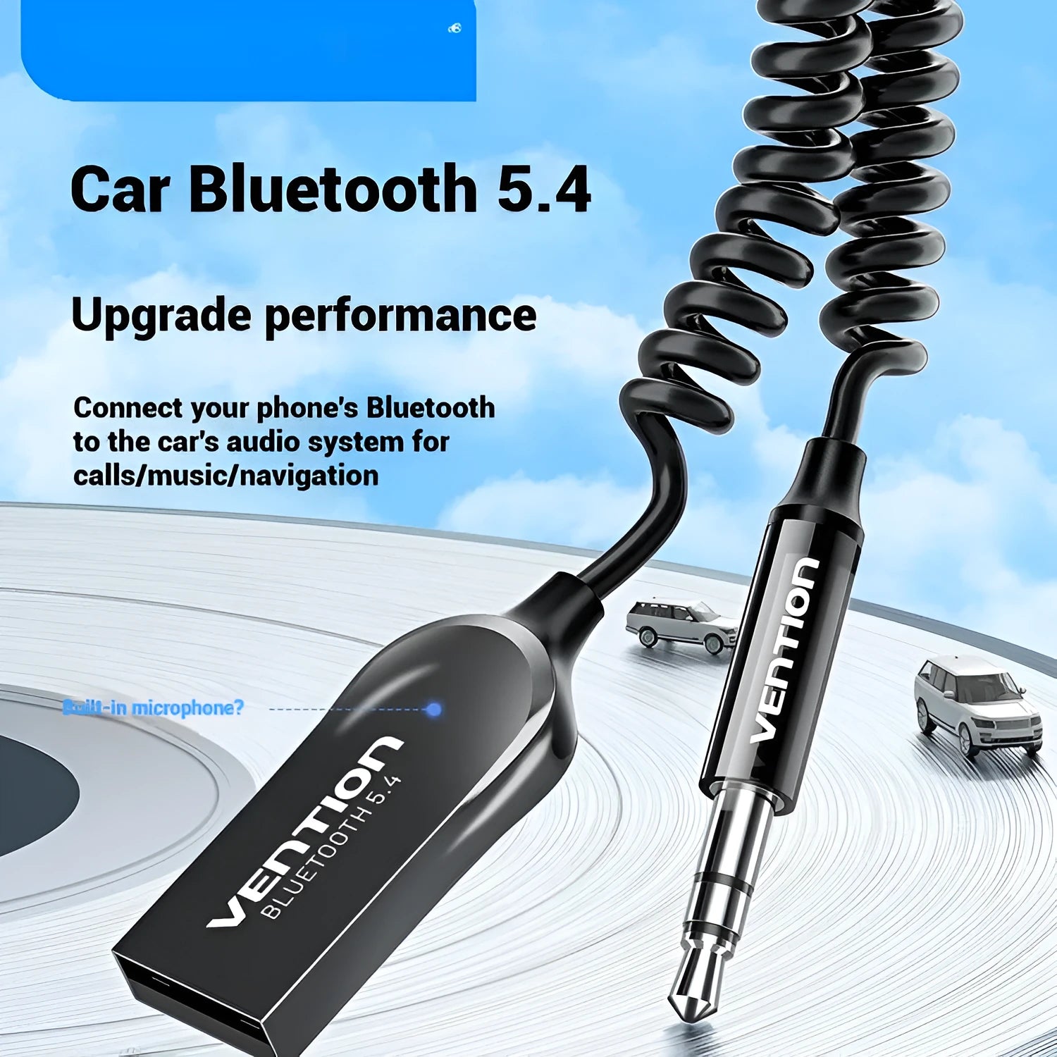 USB car Bluetooth 5.4 audio receiver with black PU-sheathed cable, zinc alloy USB-A connector, and copper 3.5mm AUX jack.