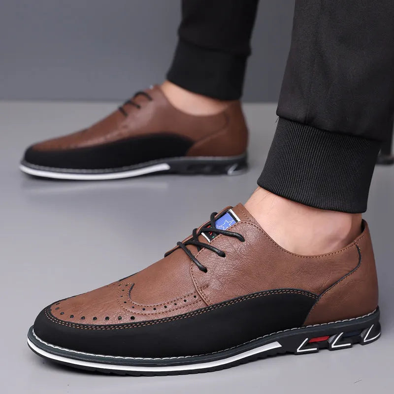 Men's low top leather casual shoe with rubber sole and leather toe cap in multiple colours.