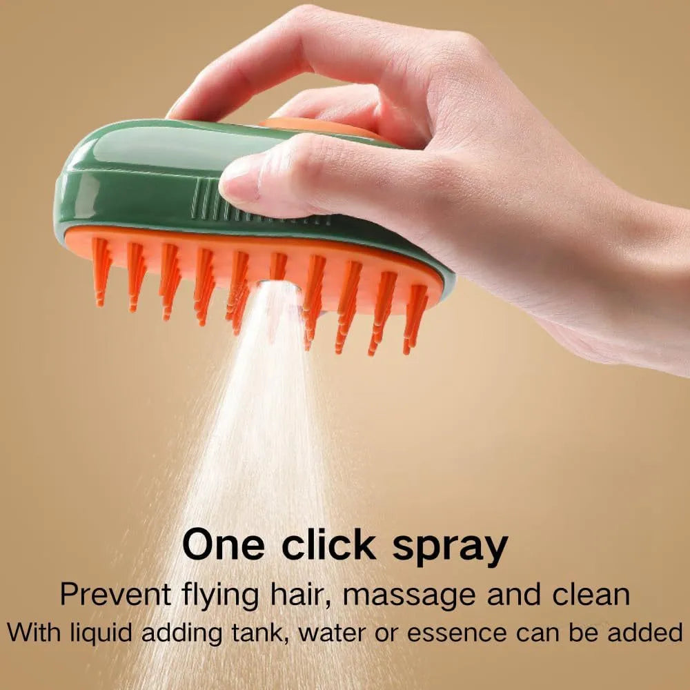 Green and white rechargeable cat steam brush with soft silicone teeth on a wooden table