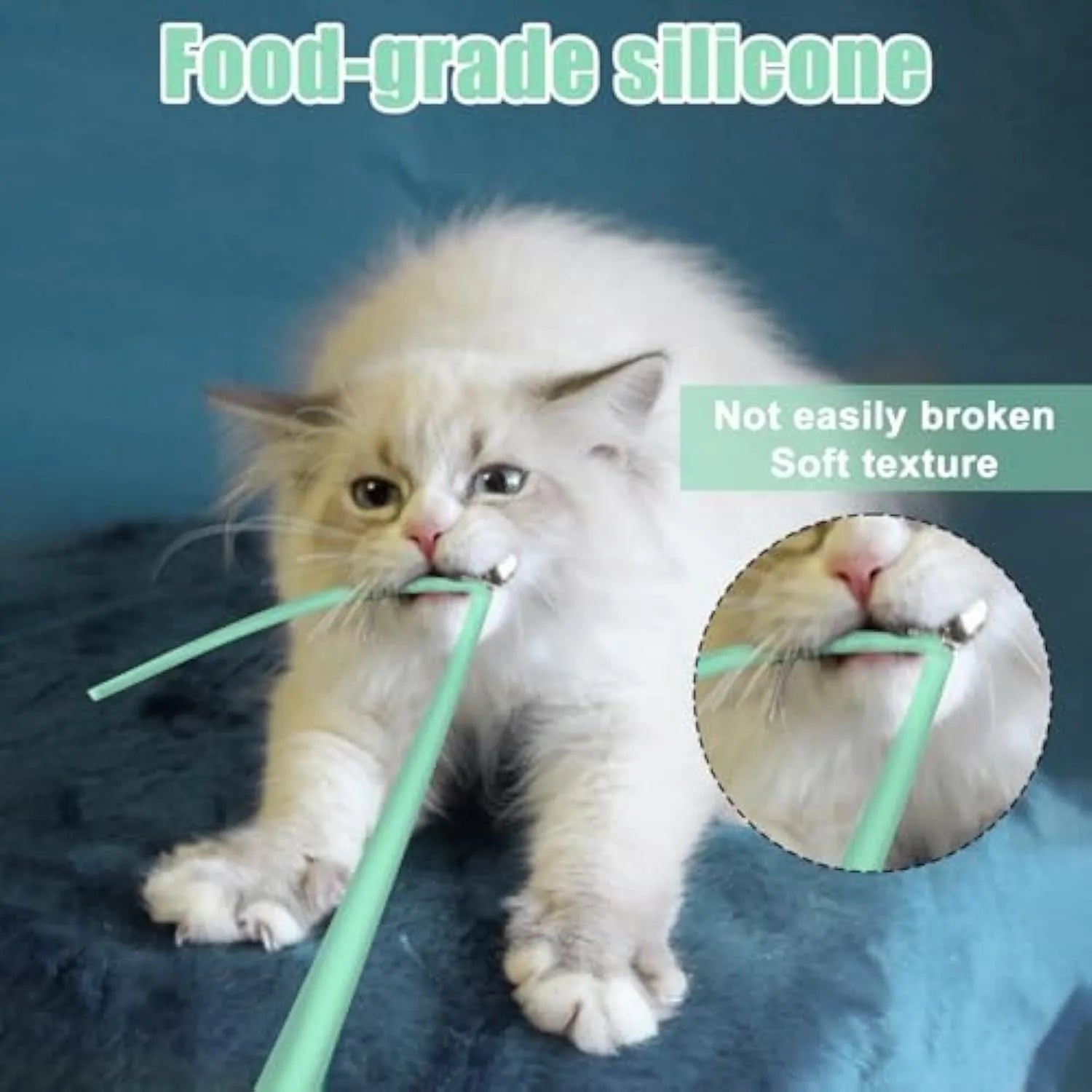 Green automatic electronic cat wand toy with swinging silicone tails on a table.