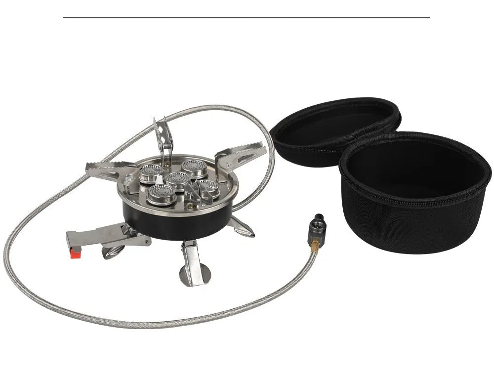 Silver folding stainless steel split camping stove with copper fittings and extended hose
