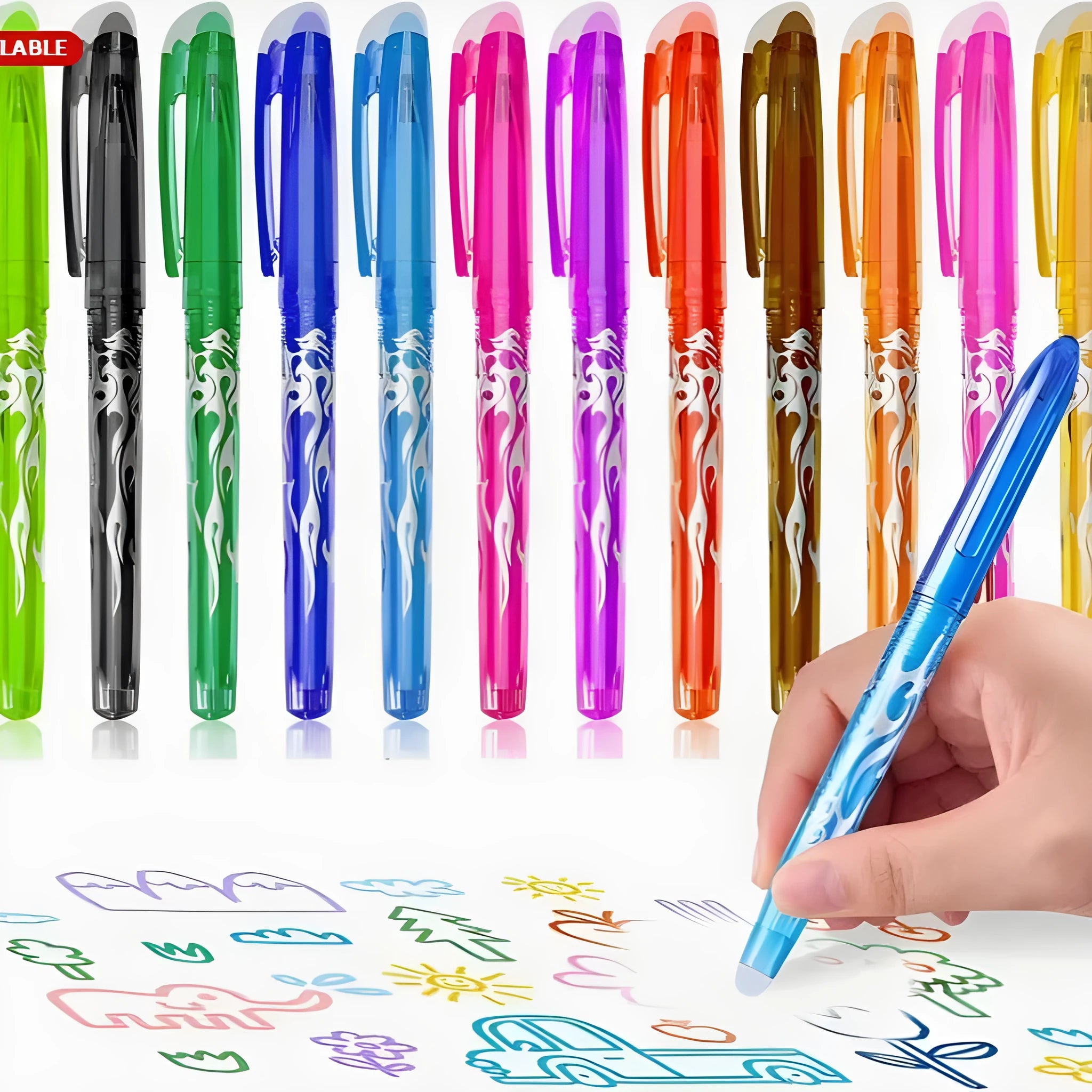 Set of heat-erasable gel pens in multiple colours with choice of 0.5mm or 0.7mm stainless steel nib tips.