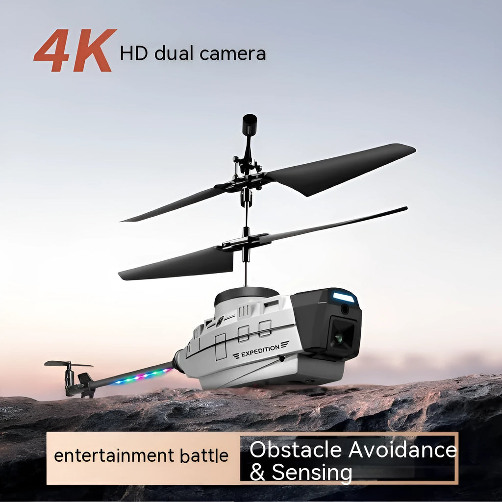 Heifeng gray plastic obstacle avoidance UAV helicopter with coloured lights next to its remote control.