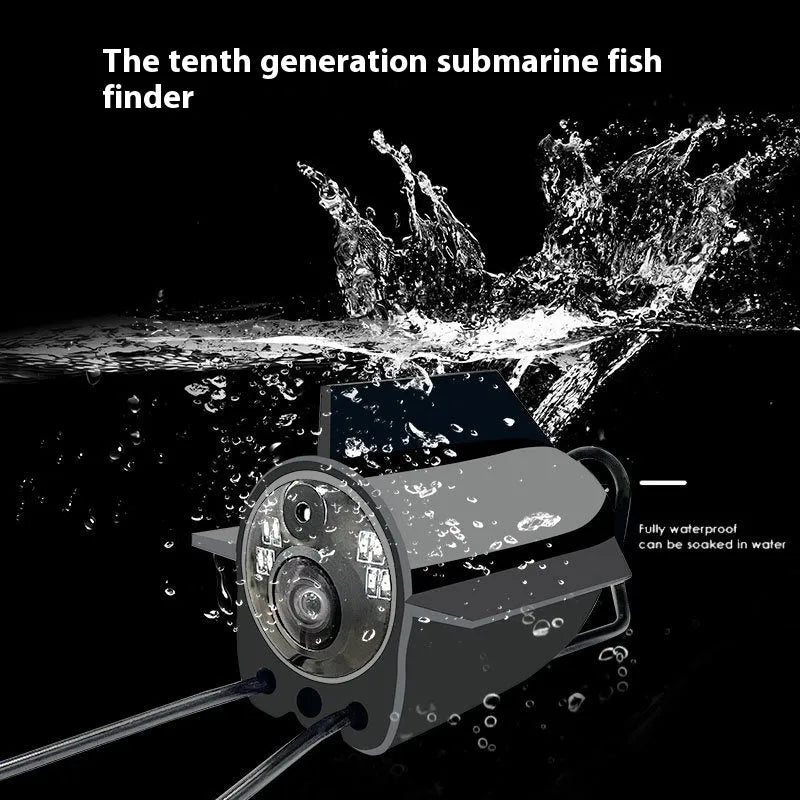 Fish finder unit with 4.3-inch IPS screen showing underwater HD camera feed with night vision lights.