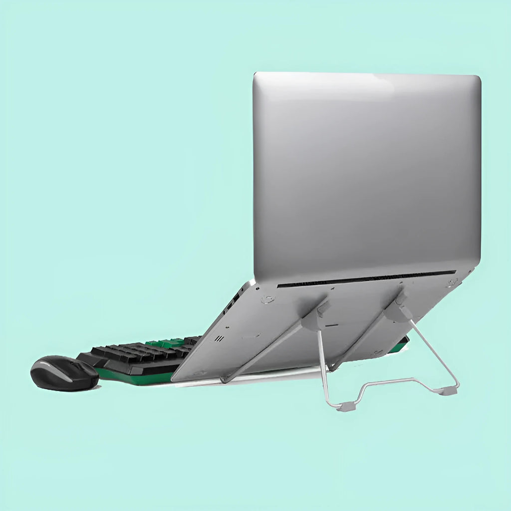 Grey aluminium and plastic universal stand holding a mobile phone and a laptop on a desk