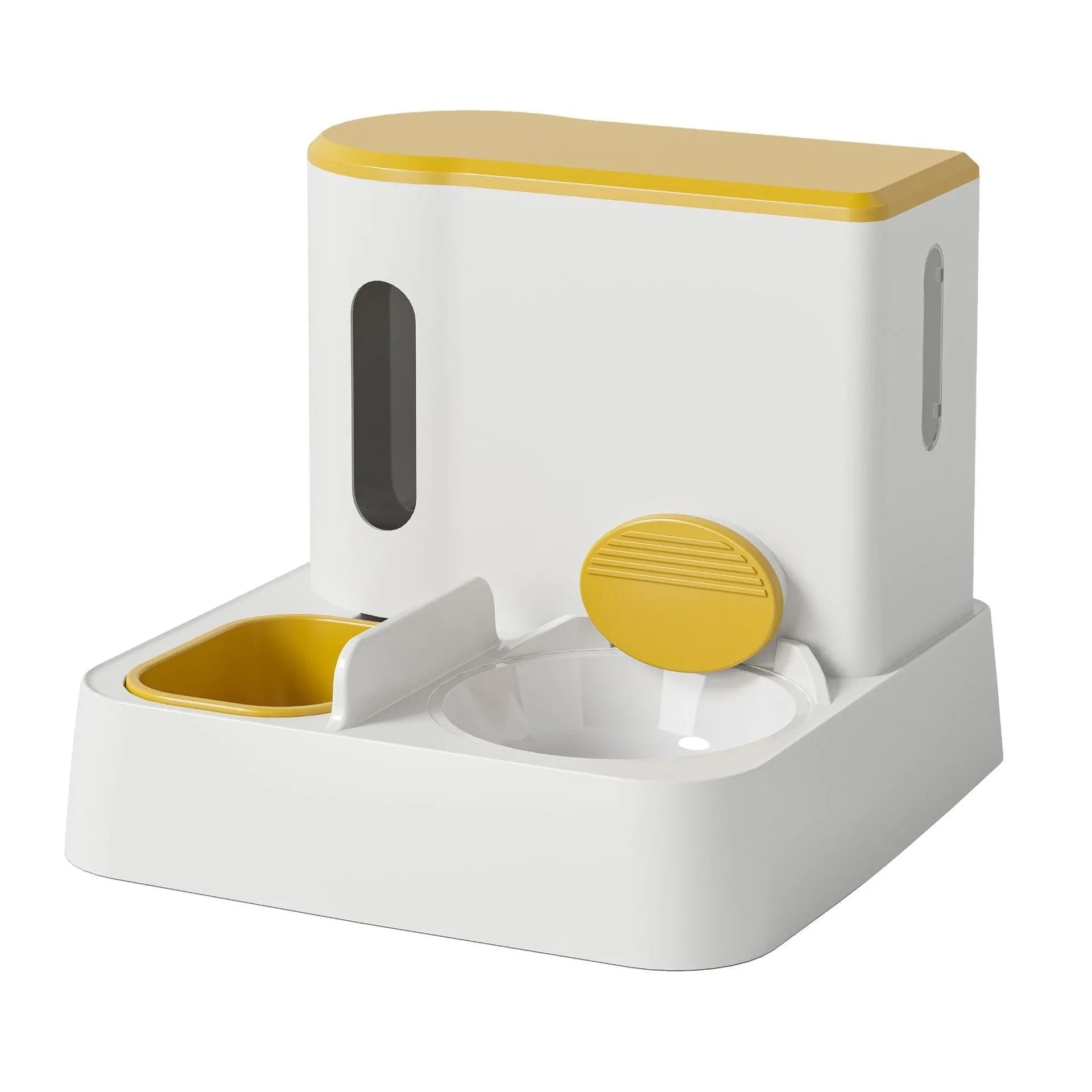 Cat automatic feeder water dispenser with integrated double bowl system in grey, yellow or green