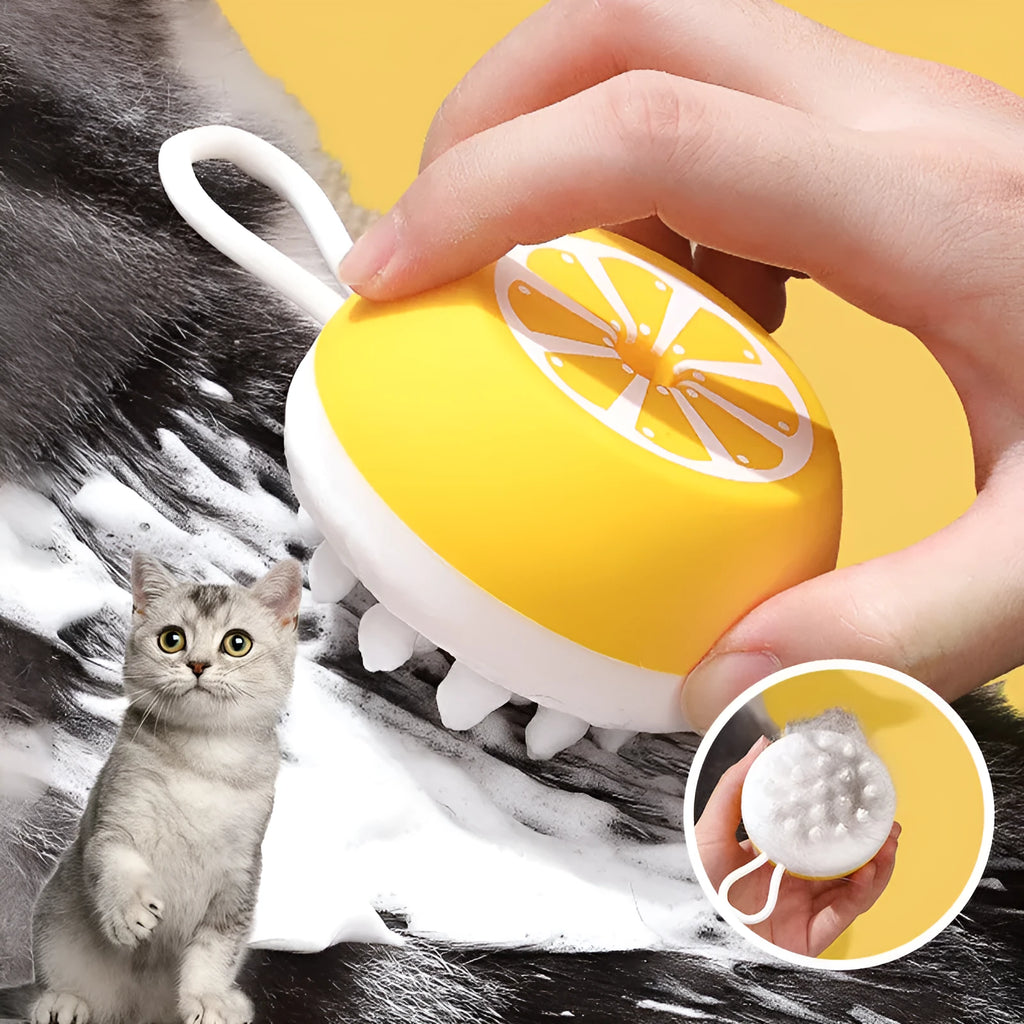 Yellow silicone pet bath brush comb with 3D massage head for dog and cat grooming