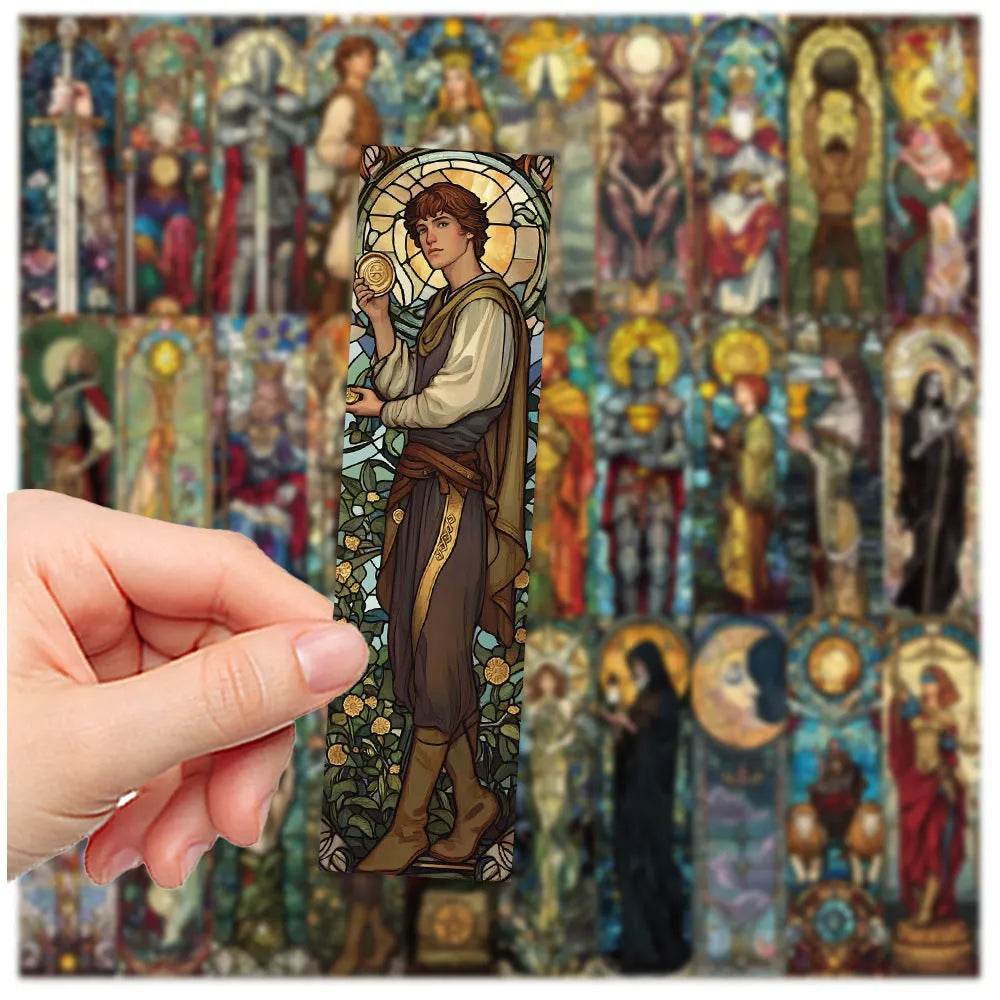 Pack of 30 colourful painted glass tarot bookmarks with cute illustrations on paper.