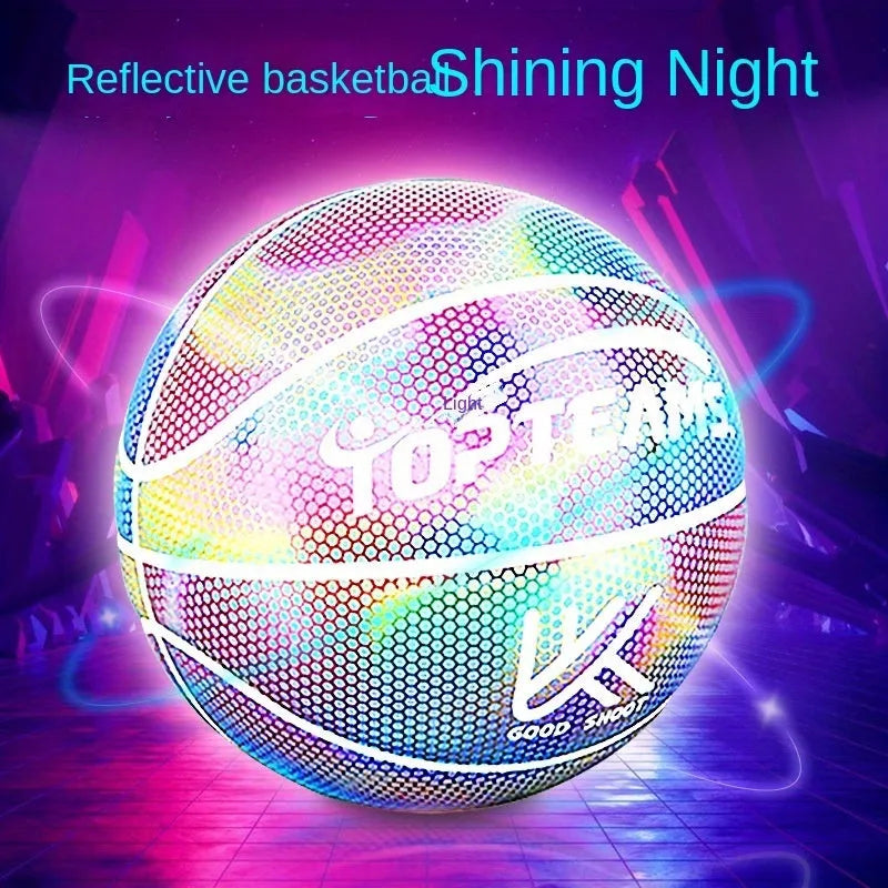 No. 7 holographic luminous reflective basketball with fluorescent design on court
