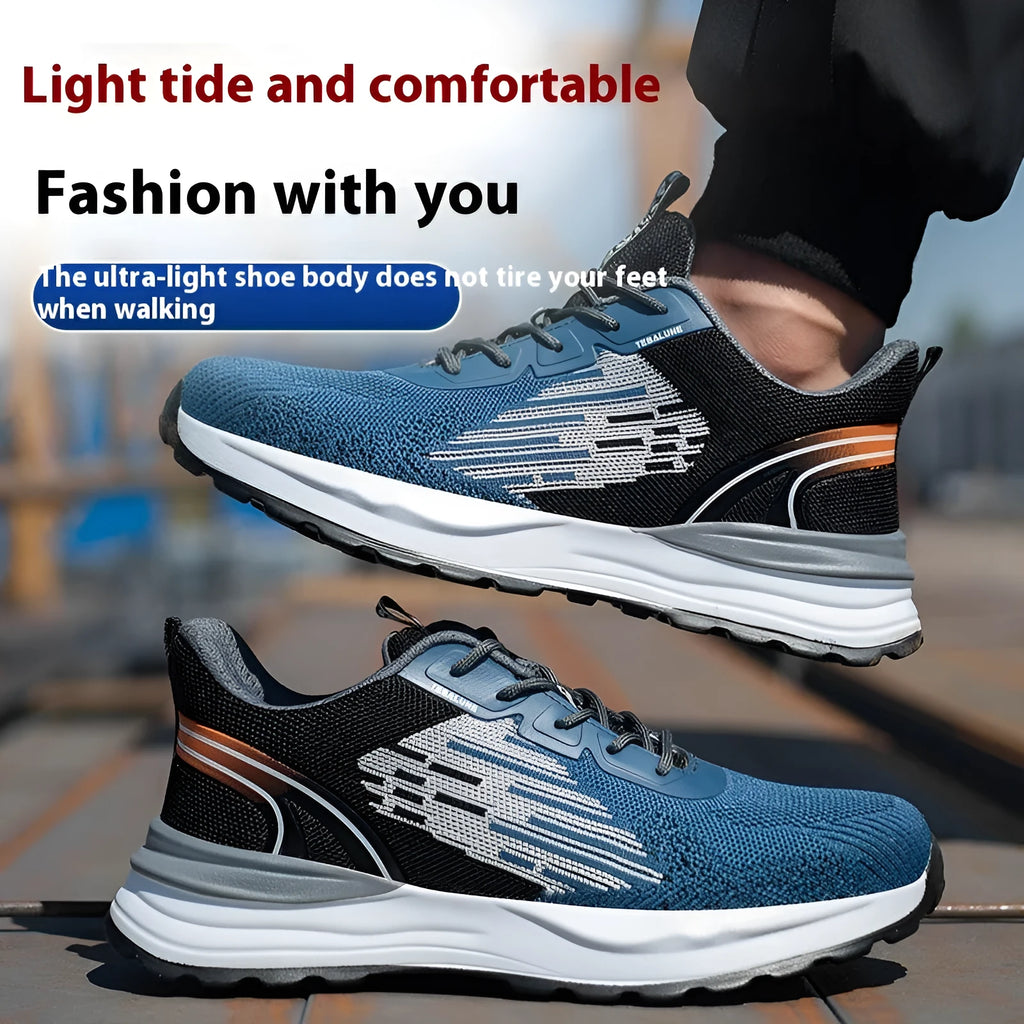 Blue men's safety work shoes with plastic toe cap and mesh upper