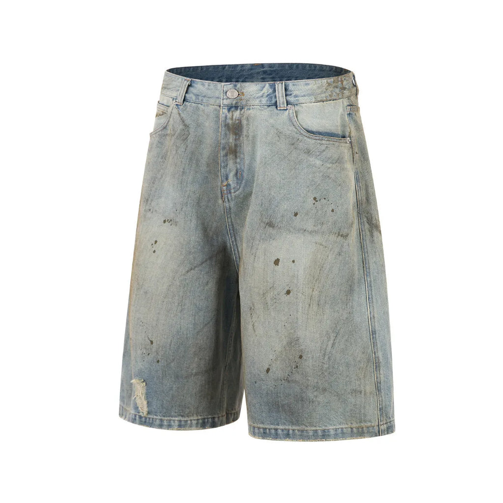Washed blue straight-leg denim trousers with mid-length cut and zipper fly closure