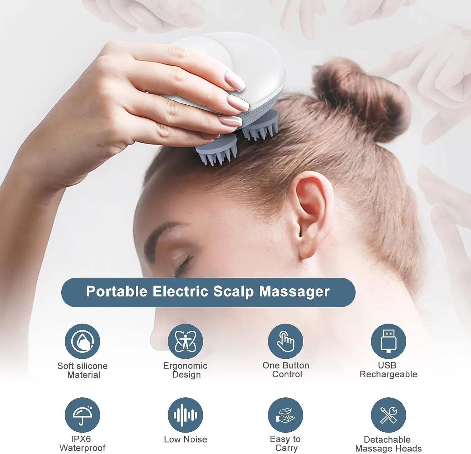 Blue handheld electric pet massager with four rotating heads for cats and dogs