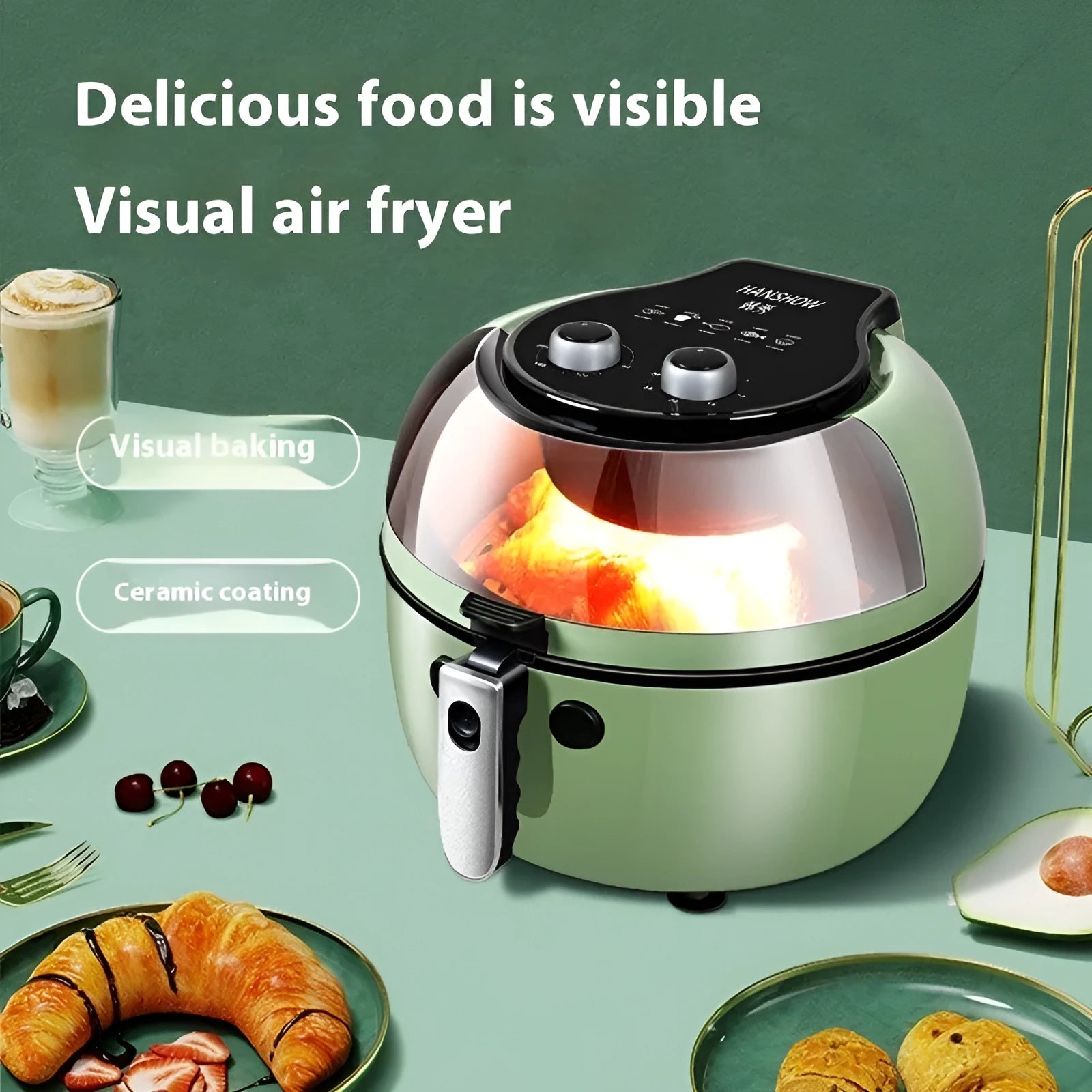 8-litre visible air fryer oven with nano-ceramic cooking basket and mechanical button controls