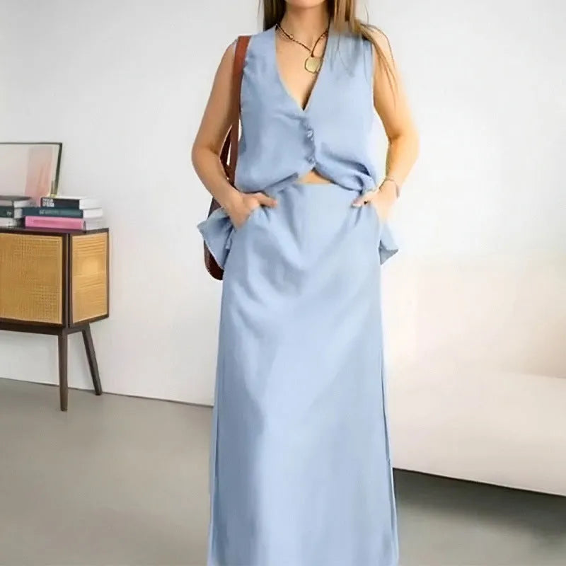 Women's sleeveless vest and long skirt two-piece casual set in blue colour