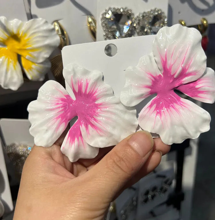 Alloy flower stud earrings with oil-spot glaze finish in blue, green, purple, and rose colour options