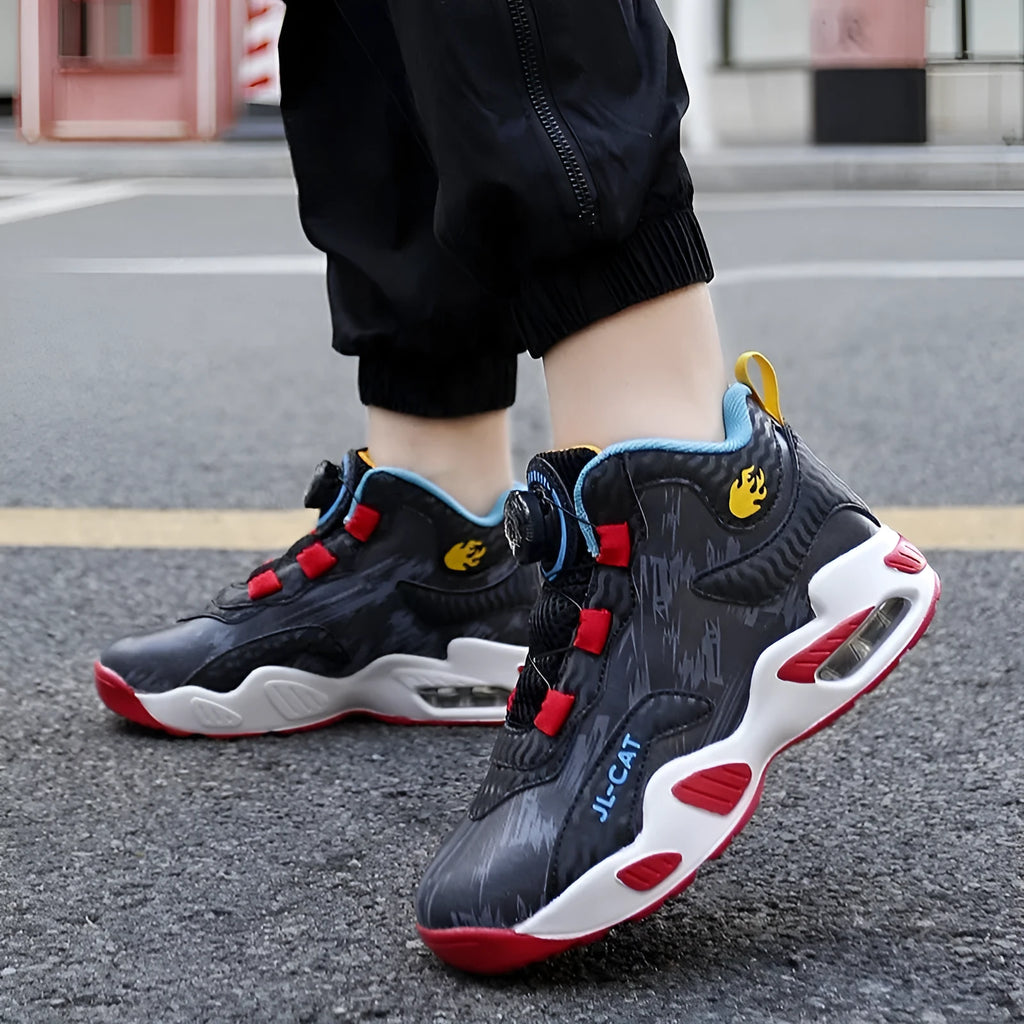 Children's basketball shoes with rotating button fastening in multiple colours, showing synthetic leather upper and PU sole