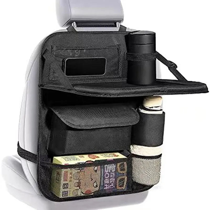 Black oxford cloth car seat organiser bag with hanging loops for storage