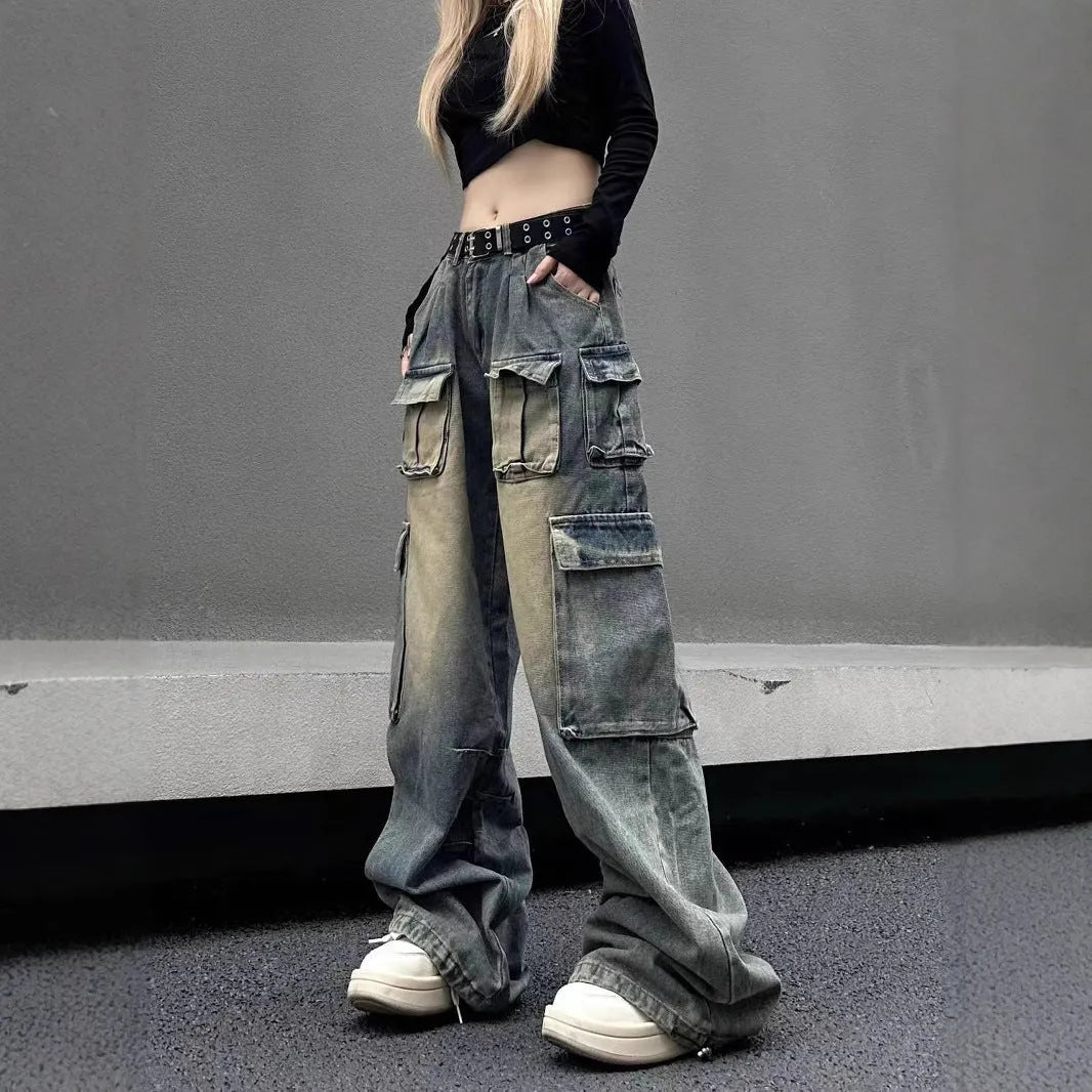 Loose straight-leg denim jeans with multiple pockets and distressed finish in light blue colour