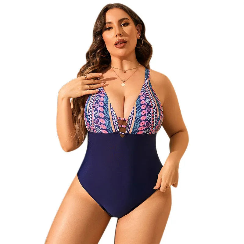 Women's leopard print plus size swimsuit with V-neck and tummy coverage panel