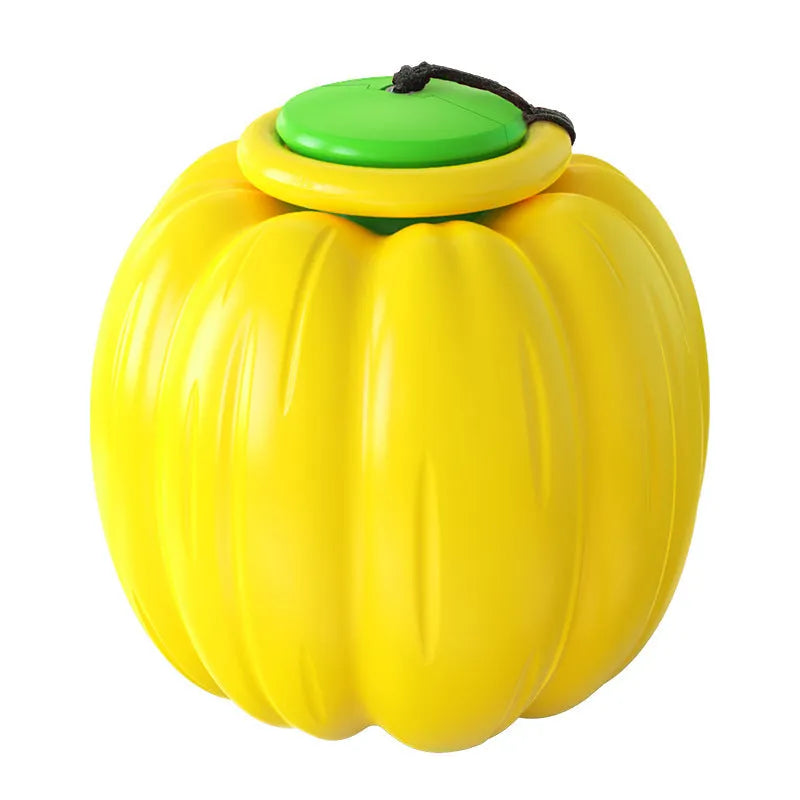 Orange pumpkin-shaped plastic dog chew ball with a squeaker for small dogs and teething puppies.