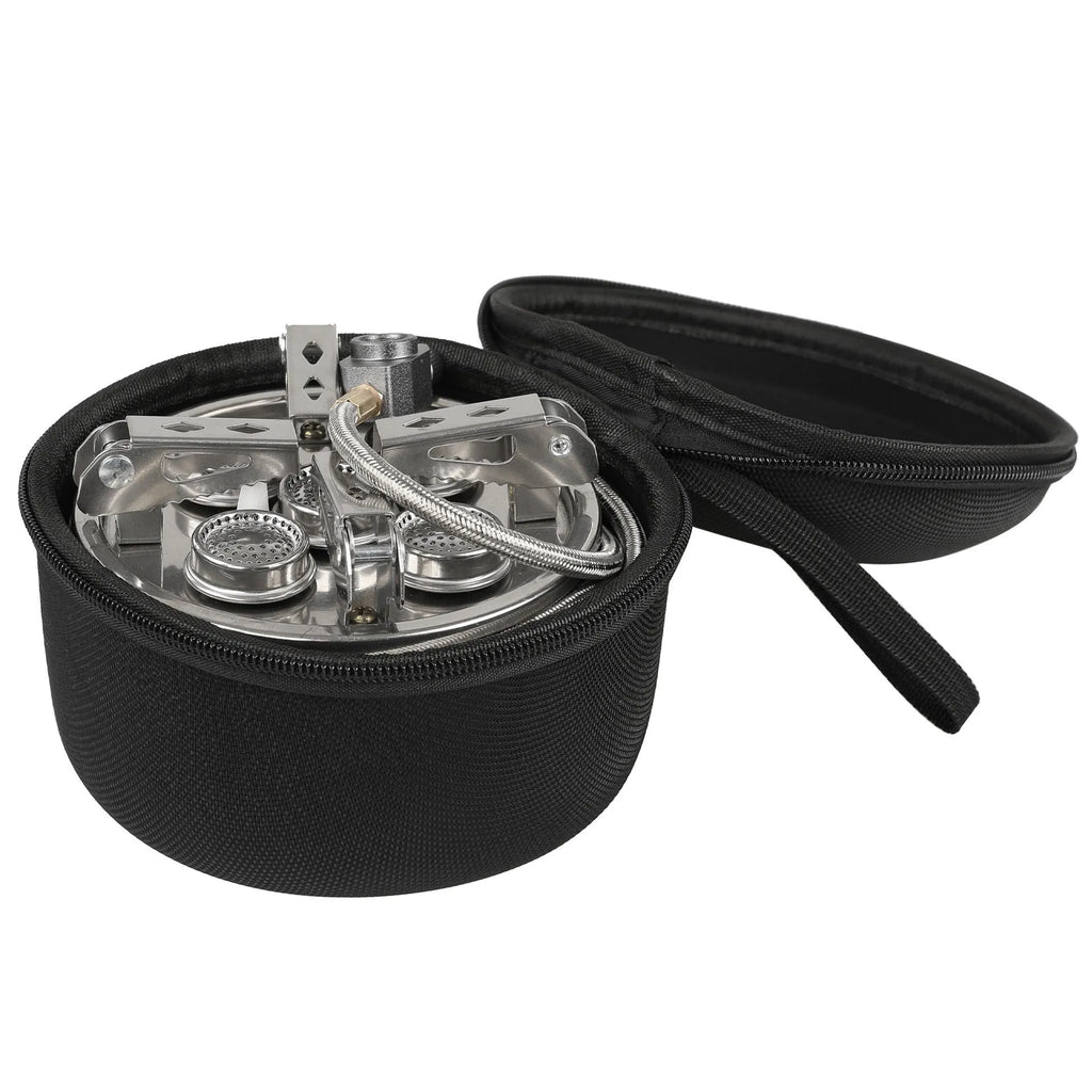 Silver folding stainless steel split camping stove with copper fittings and extended hose