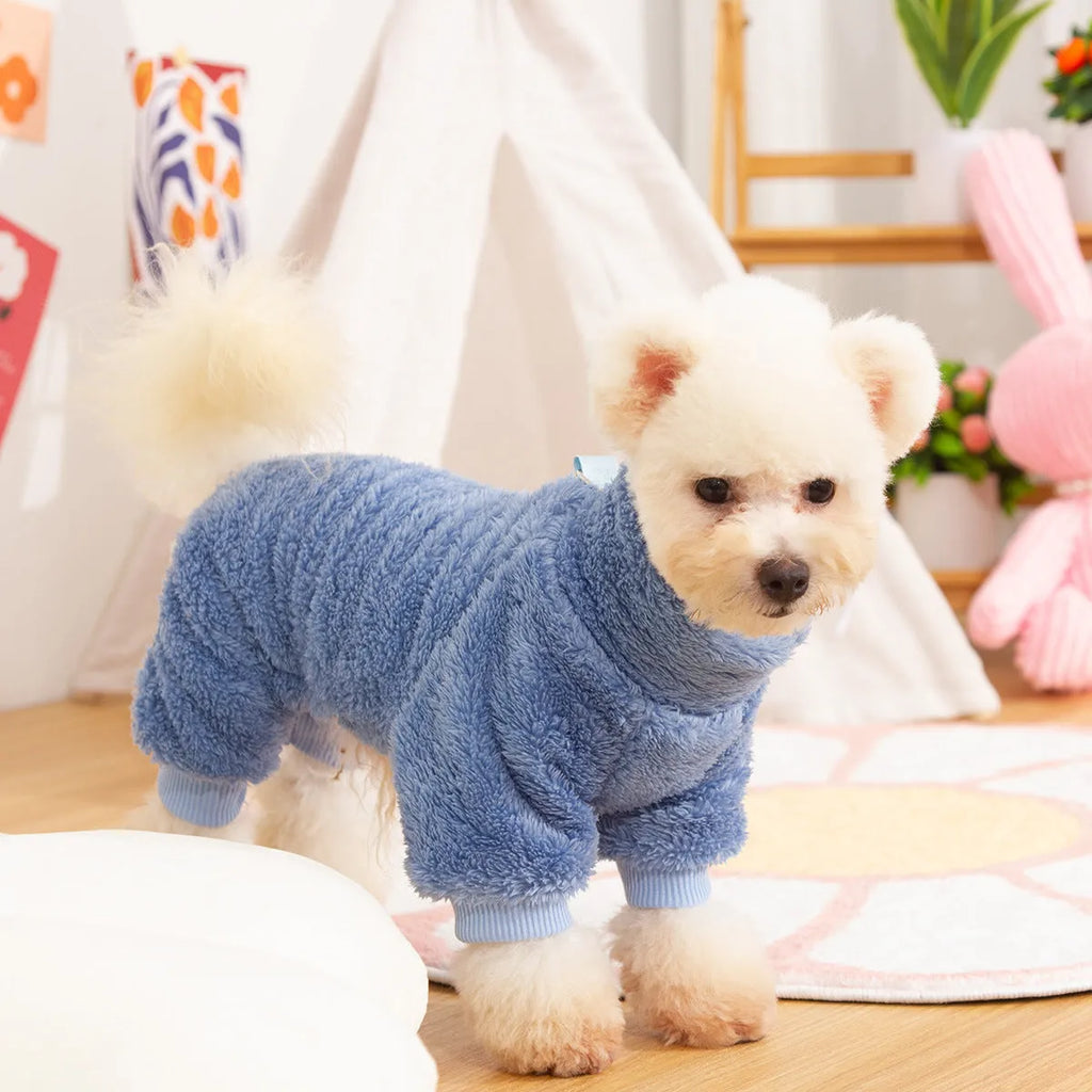 Double-sided plush dog clothing with high collar and four-legged design in blue colour