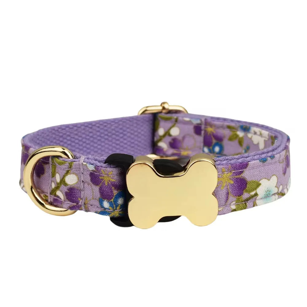 Flat nylon dog collar with bone buckle and printed grid design in multiple colour options.