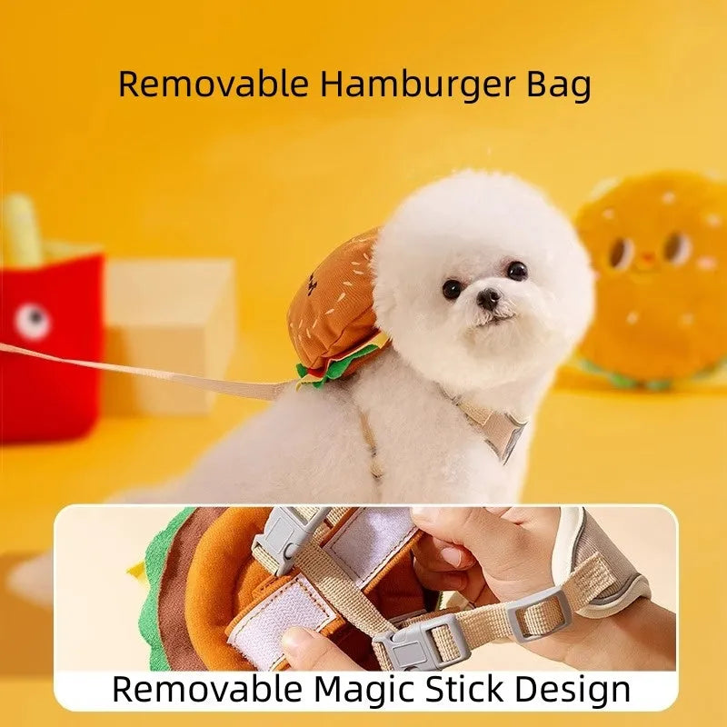 Cartoon hamburger print adjustable vest leash harness for a dog, connected to a walking rope.